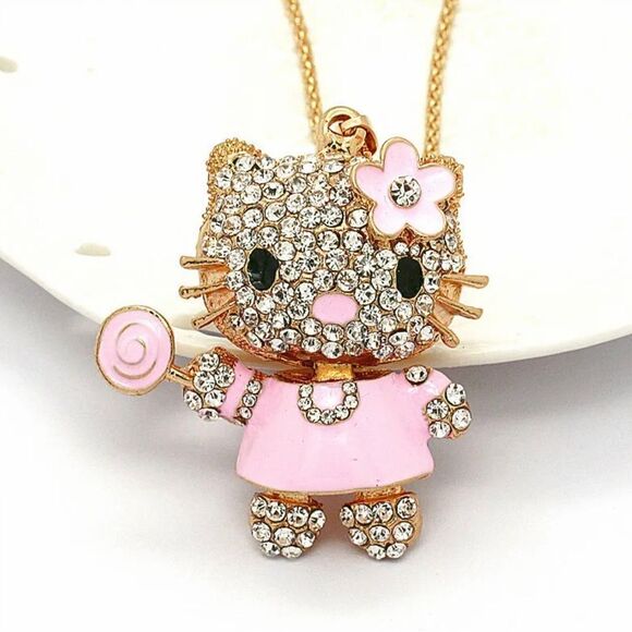 Crystal Pink Enamel Lollipop Flower Cat Kitten Necklace NWOT - Picture 1 of 4